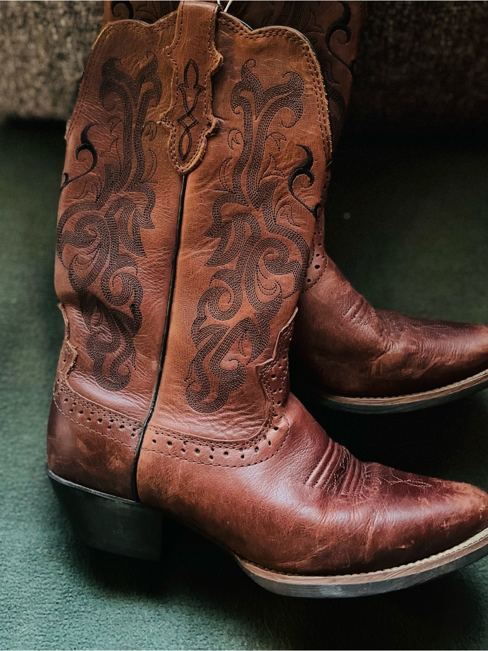 Justin Boots Brown Embossed Leather Western Boots